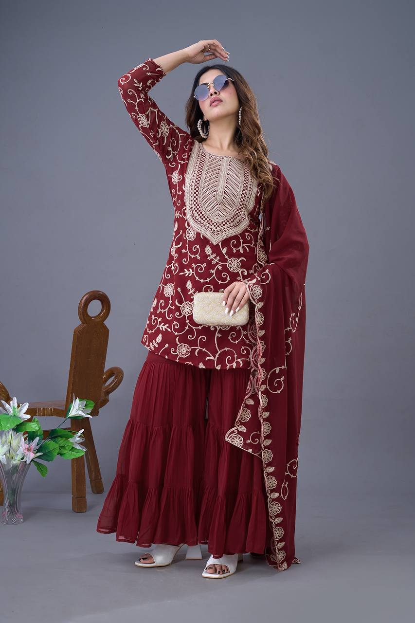 Maroon color georgette sharara suit with dupatta online