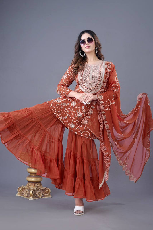 Orange color georgette sharara suit for wedding
