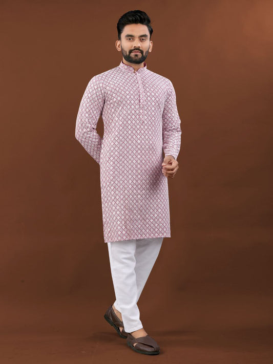 Pink lucknowi work mens kurta with price