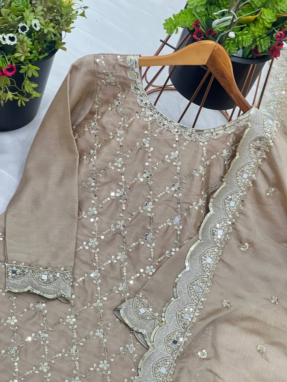 Beige color chinon silk sharara suit with dupatta online shopping