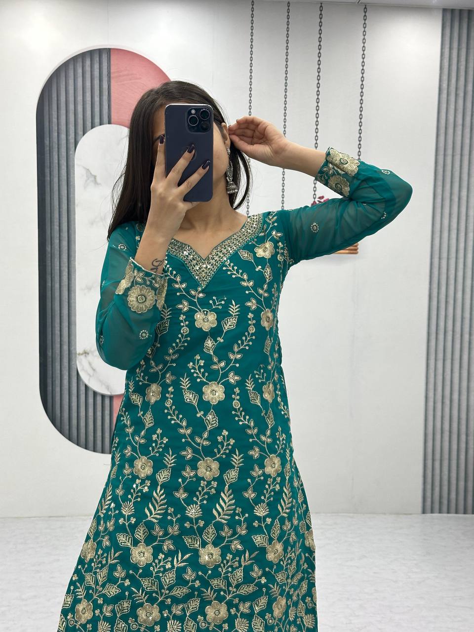 Rama color georgette sharara suit with dupatta online