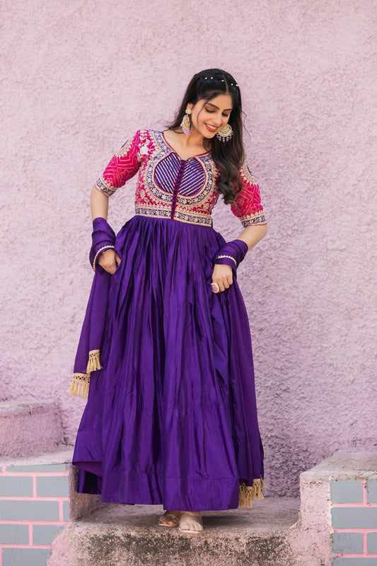 Purple color pure chinon long gown for wedding