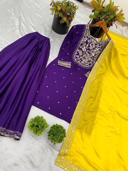 Purple color chinon silk sharara suit for wedding