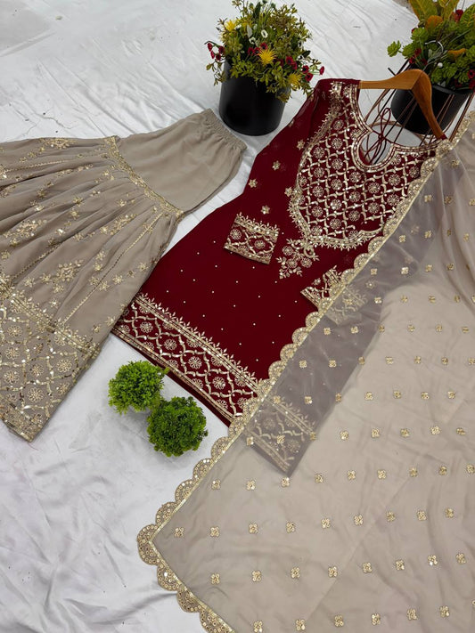 Maroon color georgette sharara suit with dupatta price