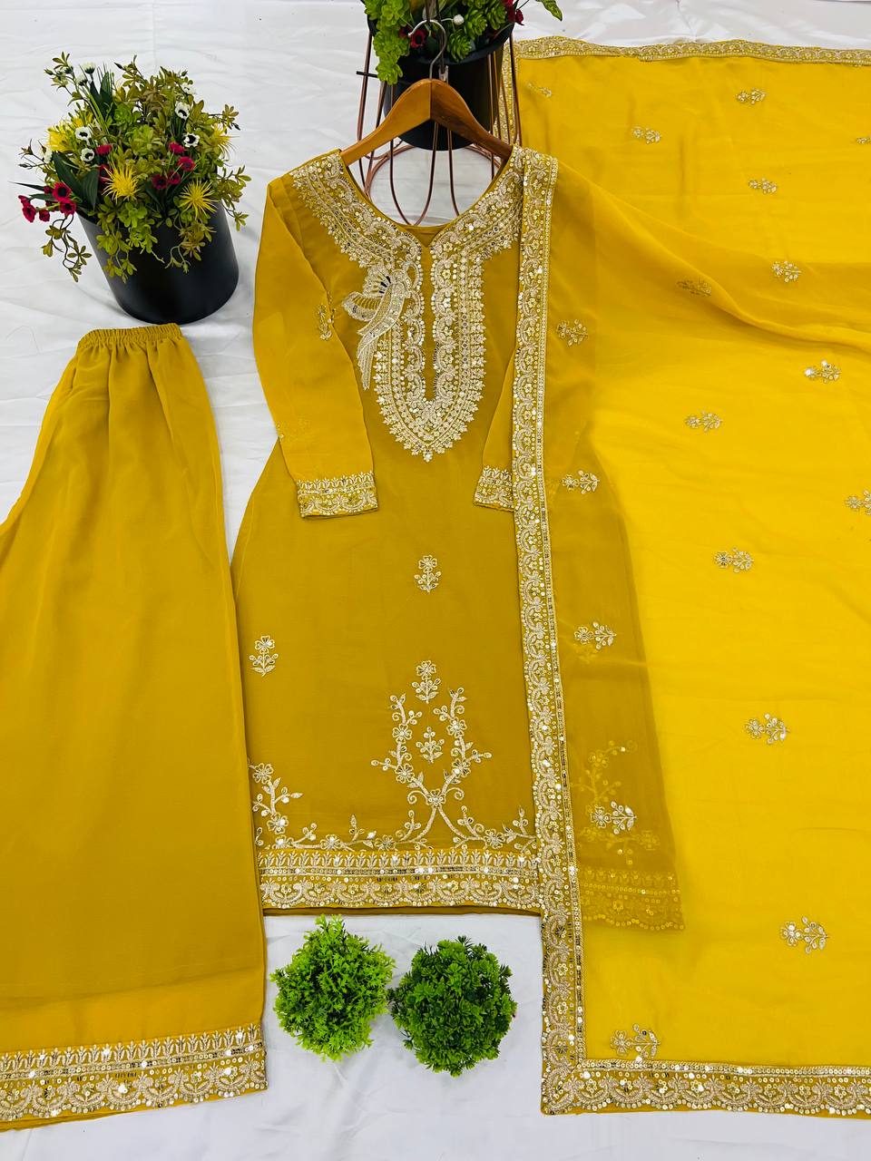 Yellow color georgette sharara suit with dupatta online