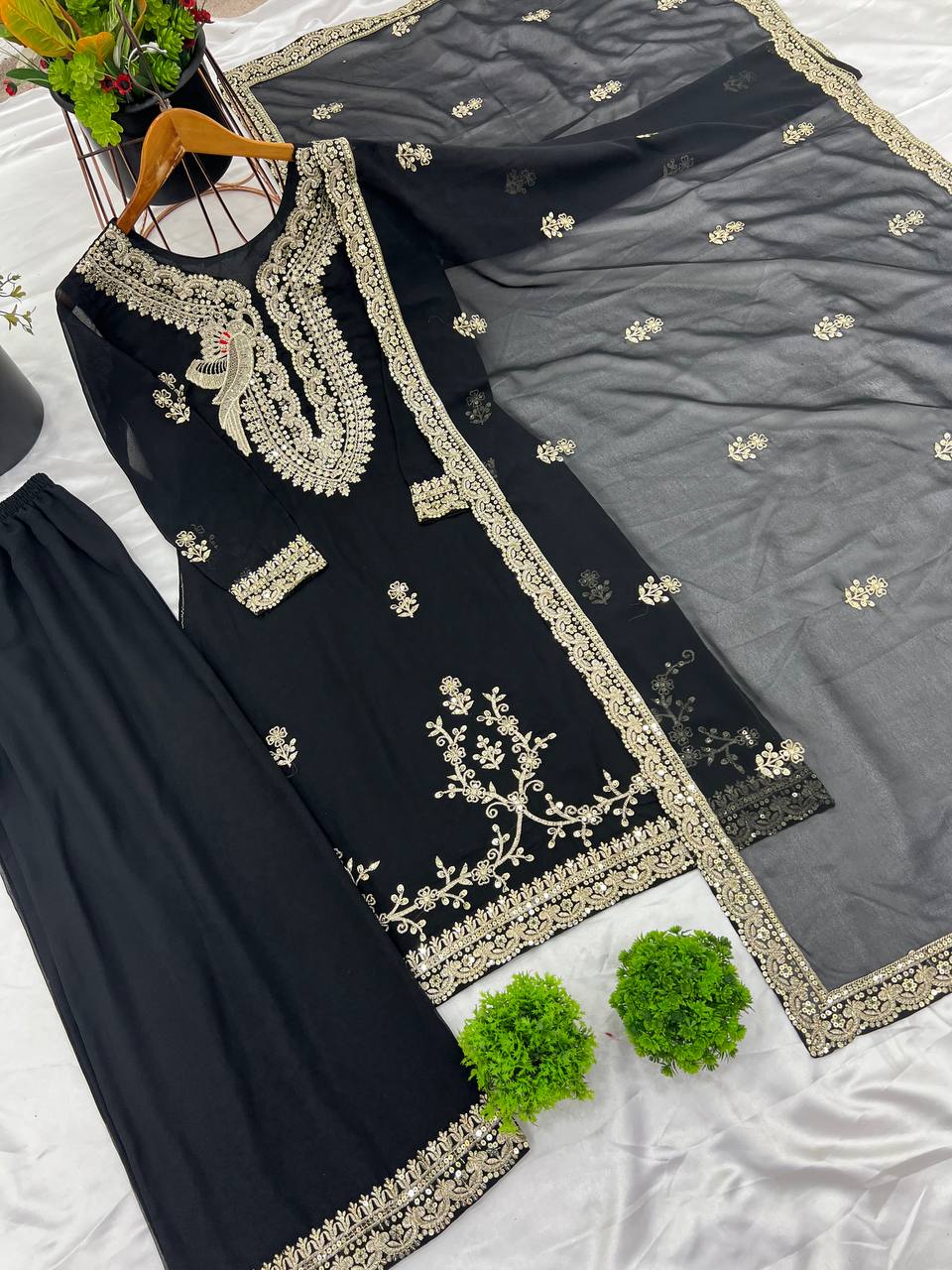 Black color georgette sharara suit with dupatta