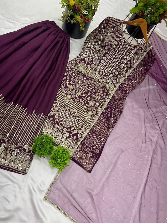 Wine color chinon silk sharara suit for wedding