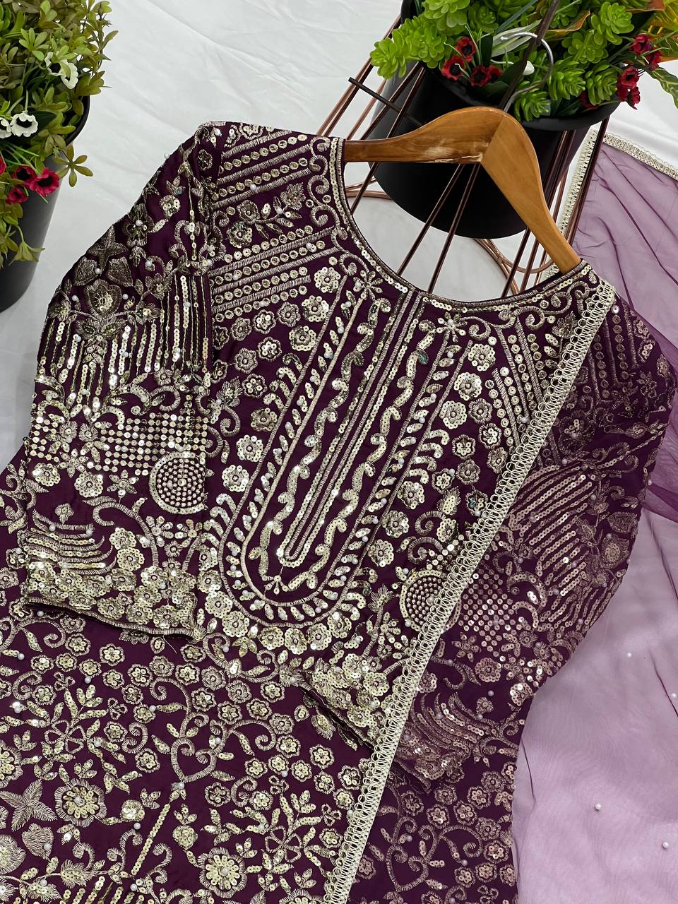 Wine color chinon silk sharara suit with dupatta online