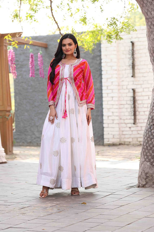 White color chinon long gown with koti online