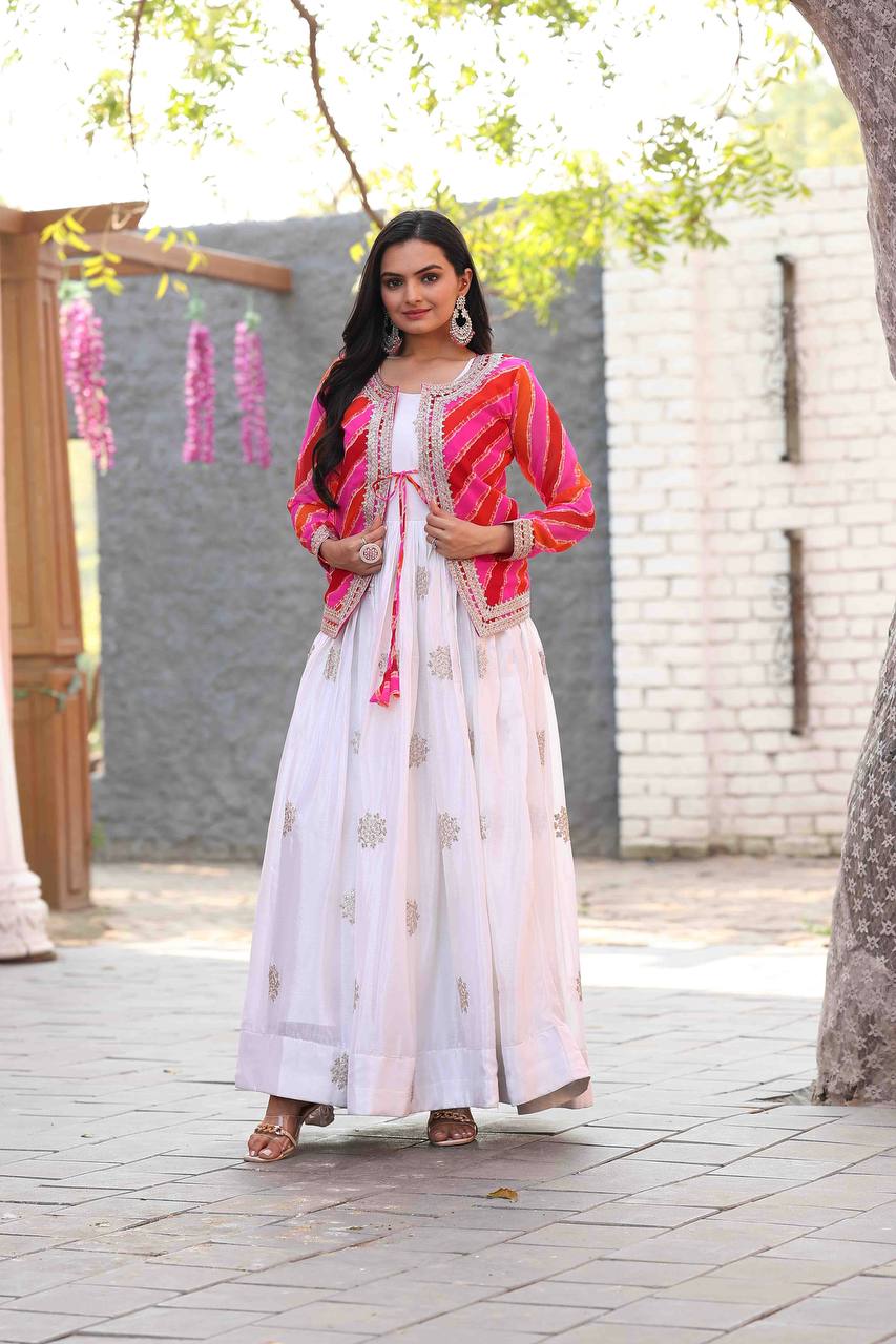 White color chinon long gown with koti price