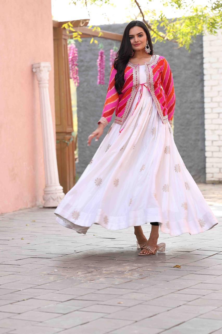 White color chinon long gown with koti images