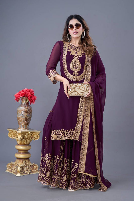 Wine color georgette sharara suit for wedding