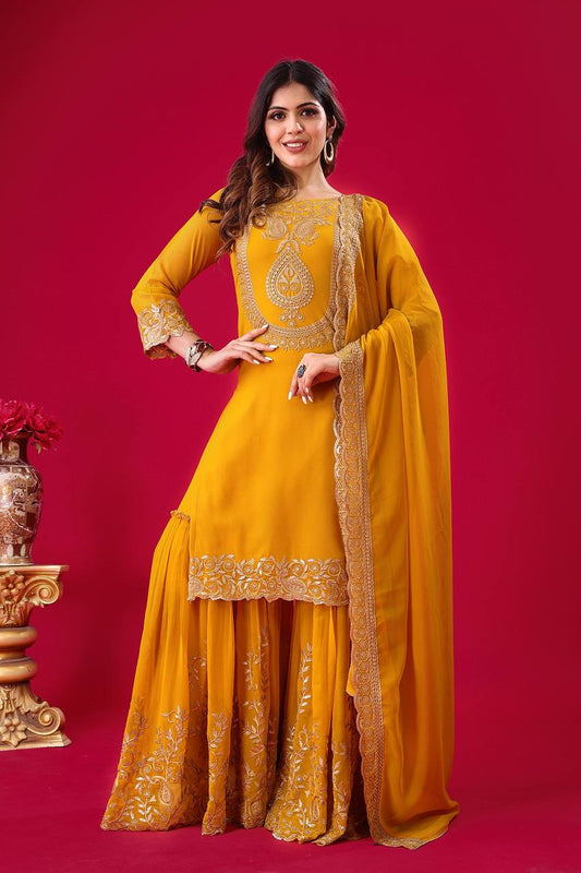 Yellow color georgette sharara suit with dupatta price
