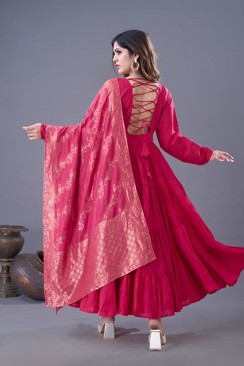 Pink color roman silk long gown with dupatta price