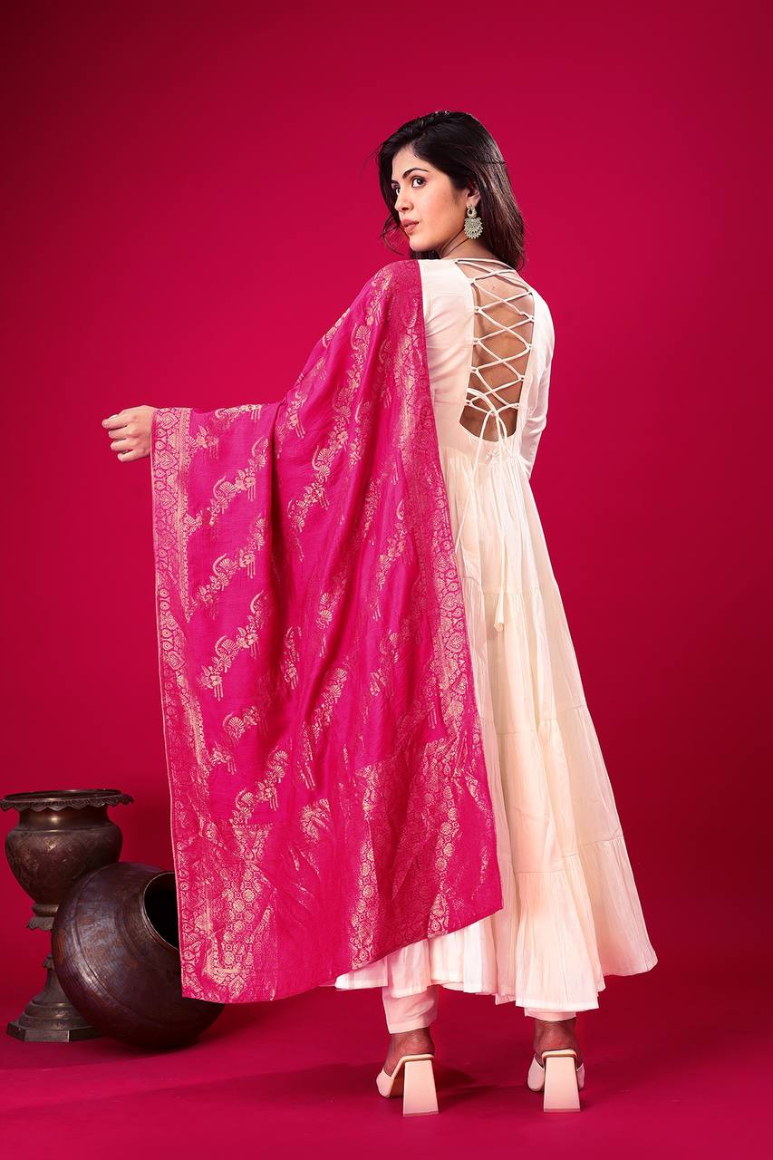 White color roman silk salwar suit with dupatta price