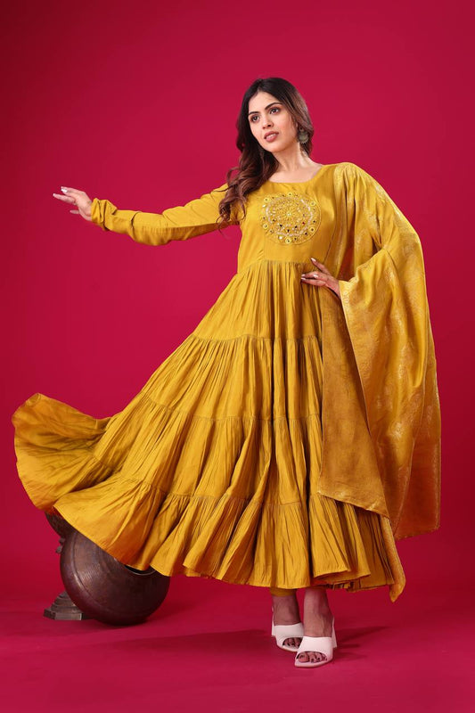 Yellow color roman silk salwar suit for wedding
