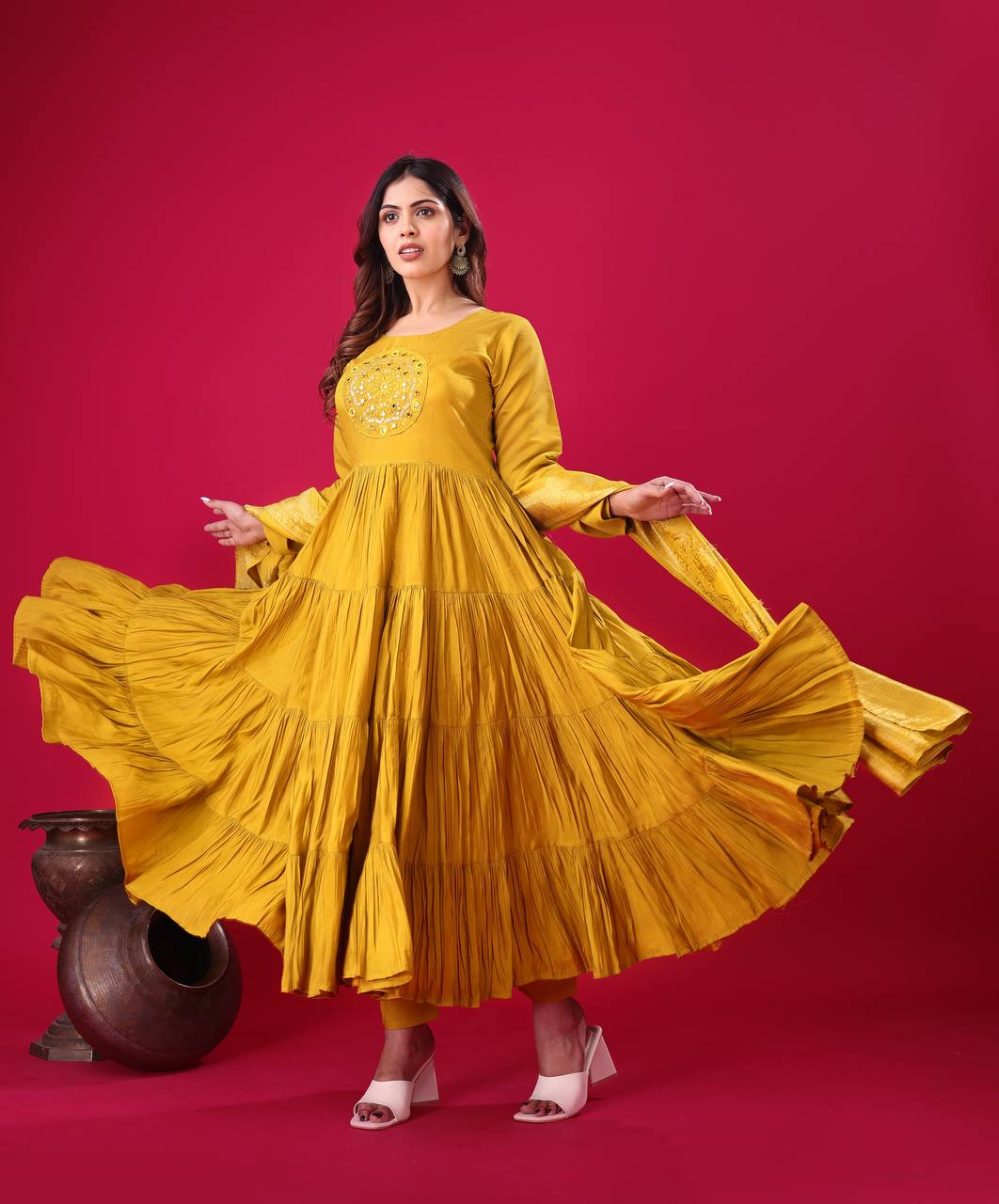 Yellow color roman silk salwar suit with dupatta images