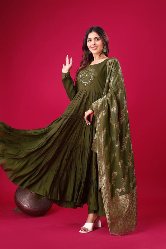 Green color roman silk salwar suit for party