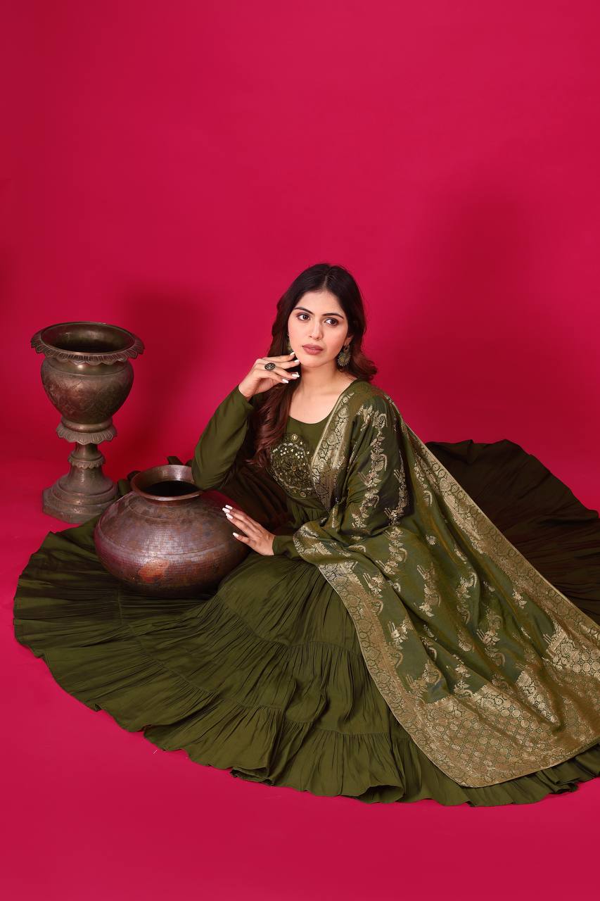 Green color roman silk salwar suit for mehendi rasam