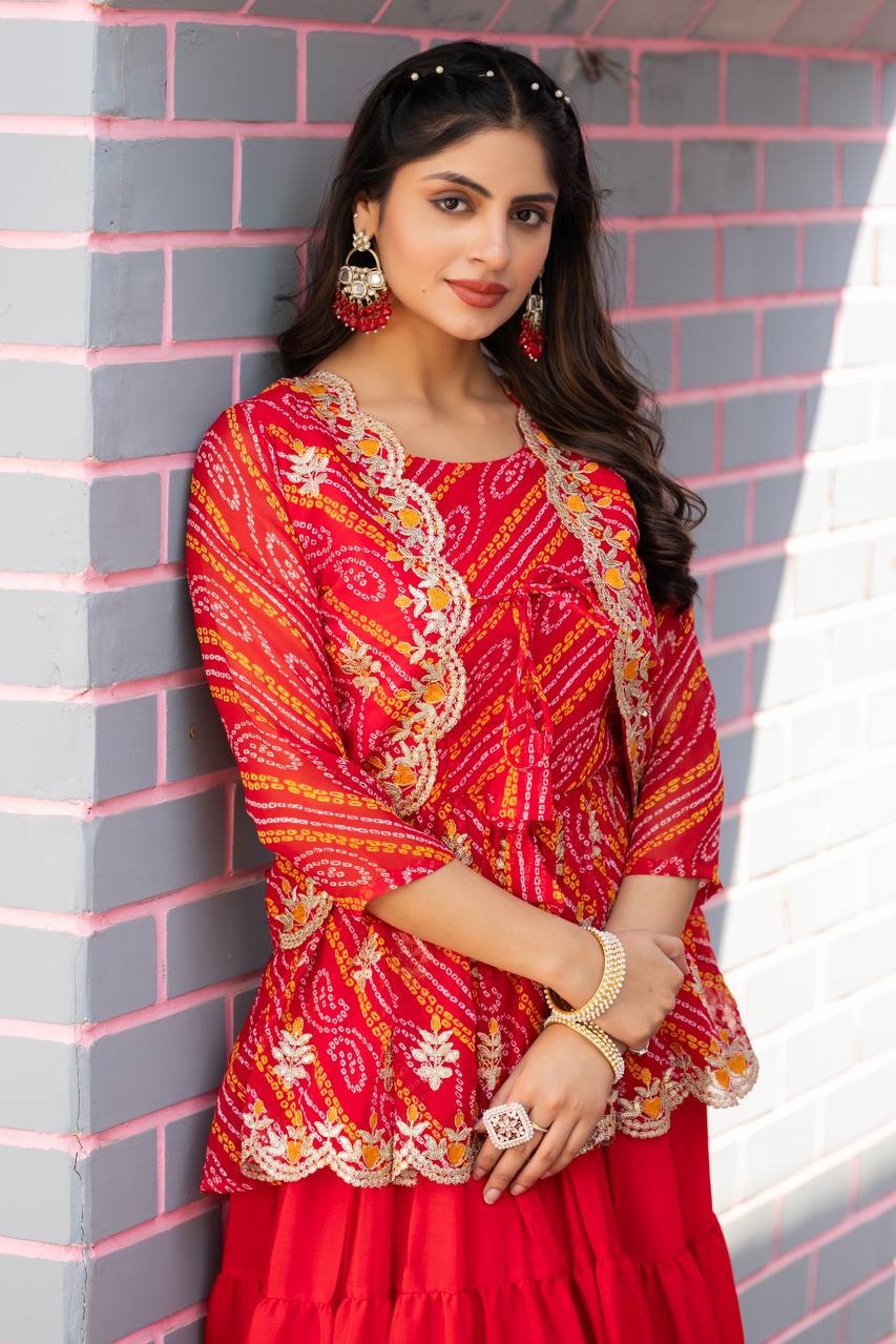 Red color pure bandhej lehenga choli with jacket online