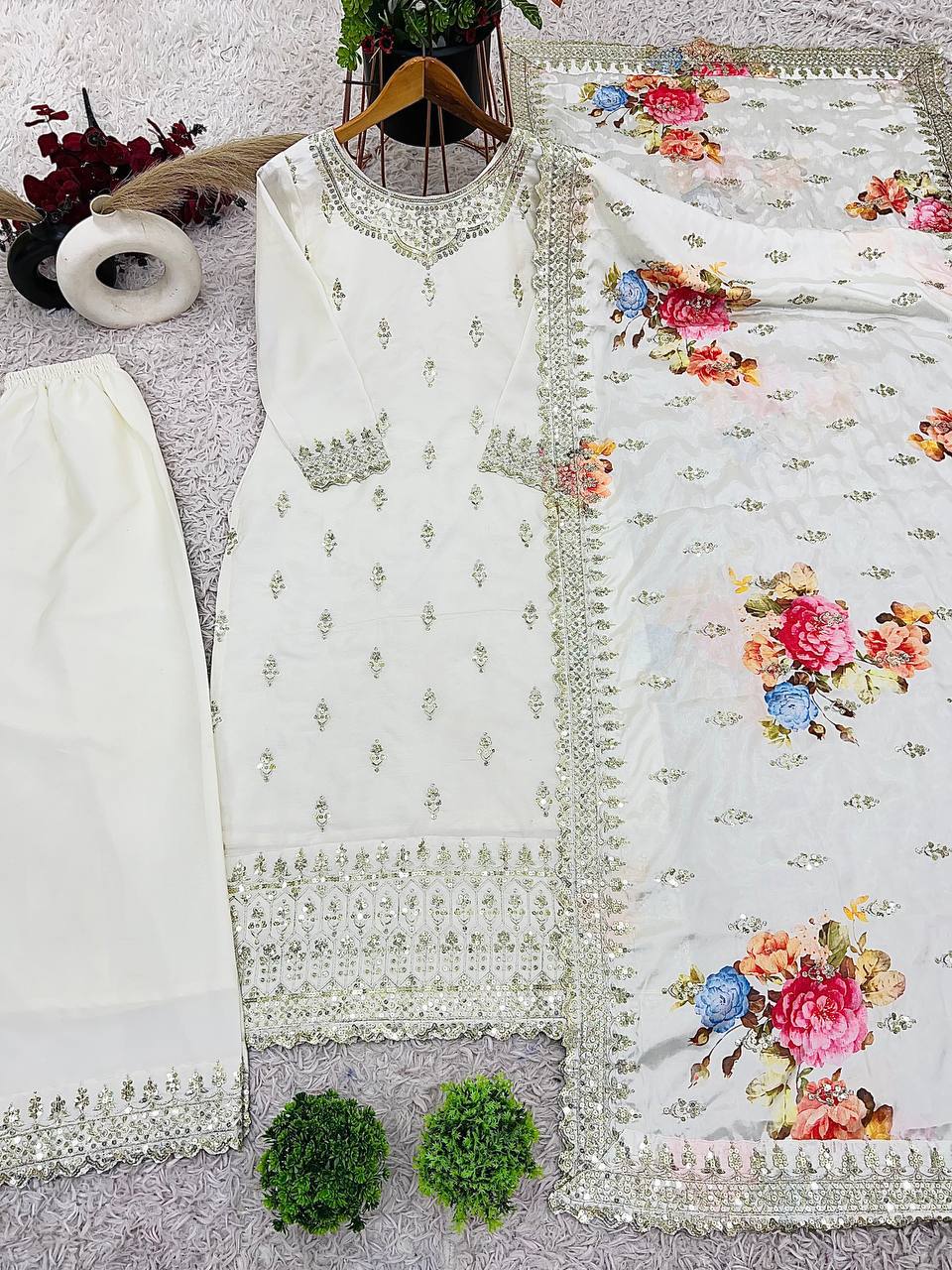 White color chinon silk plazzo suit with dupatta images