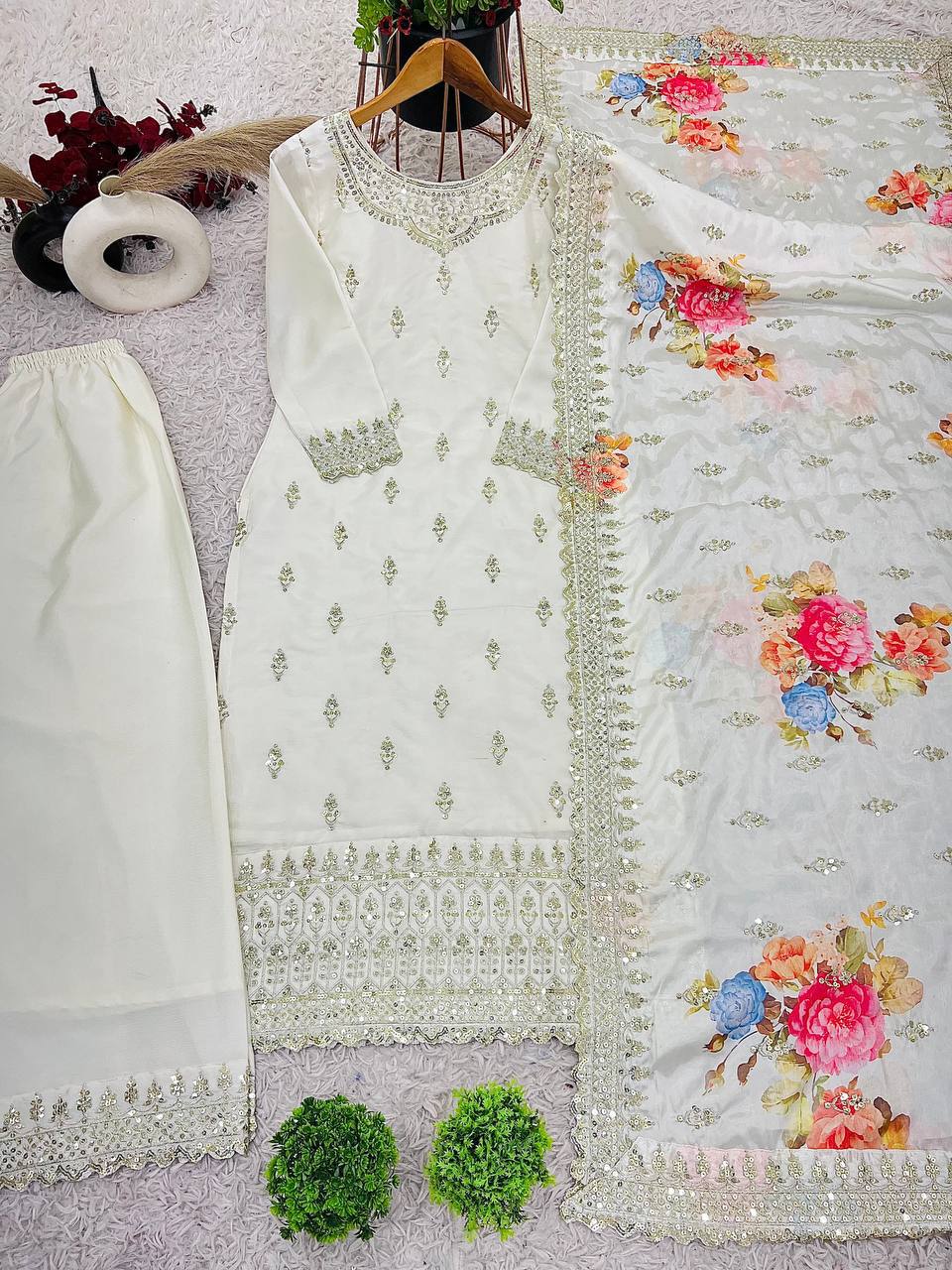 White color chinon silk plazzo suit for women