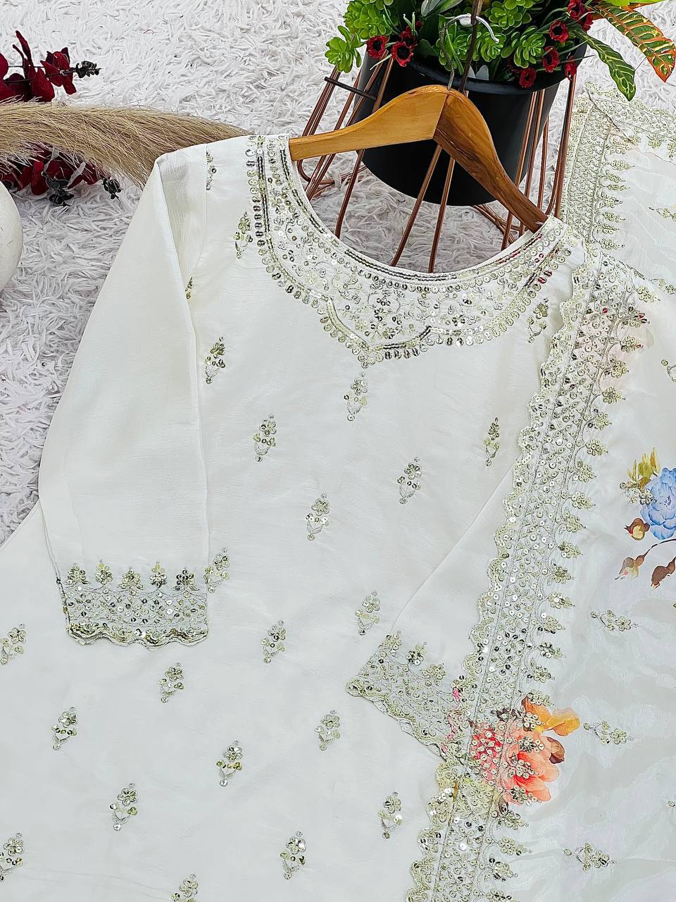 White color chinon silk plazzo suit with dupatta price