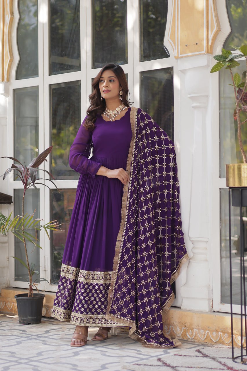 Purple color faux blooming gown with dupatta
