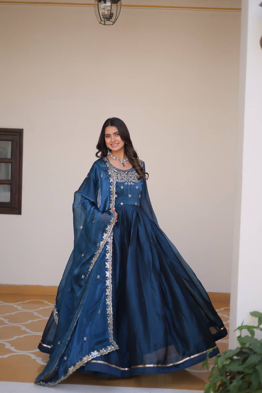 Blue color burberry silk long gown with dupatta online