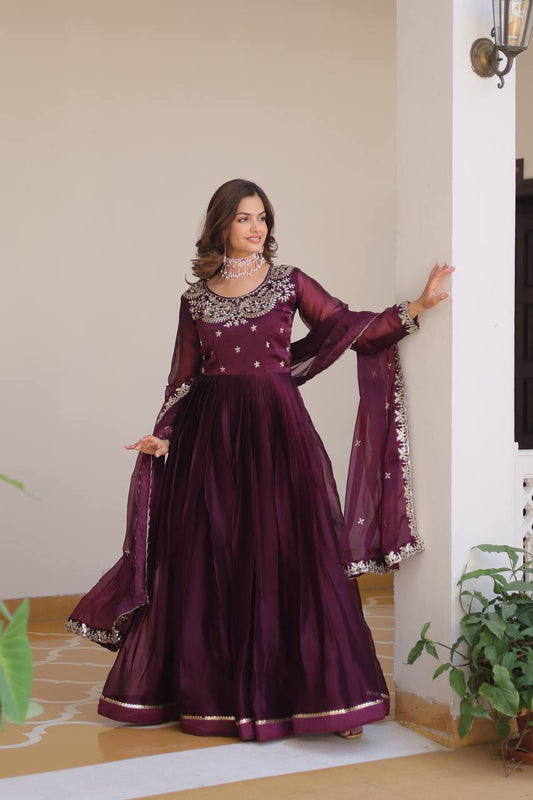 Wine color burberry silk long gown for women