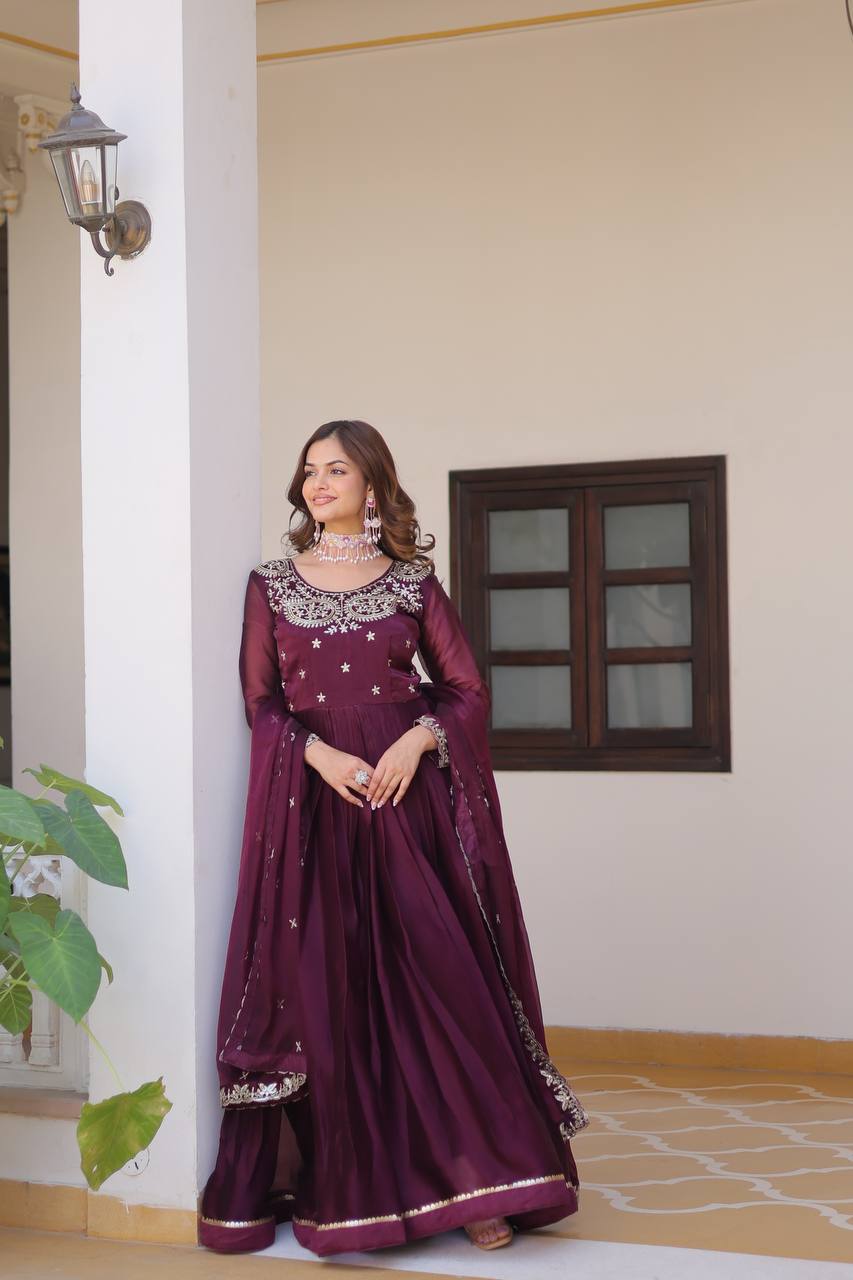 Wine color burberry silk long gown with dupatta online