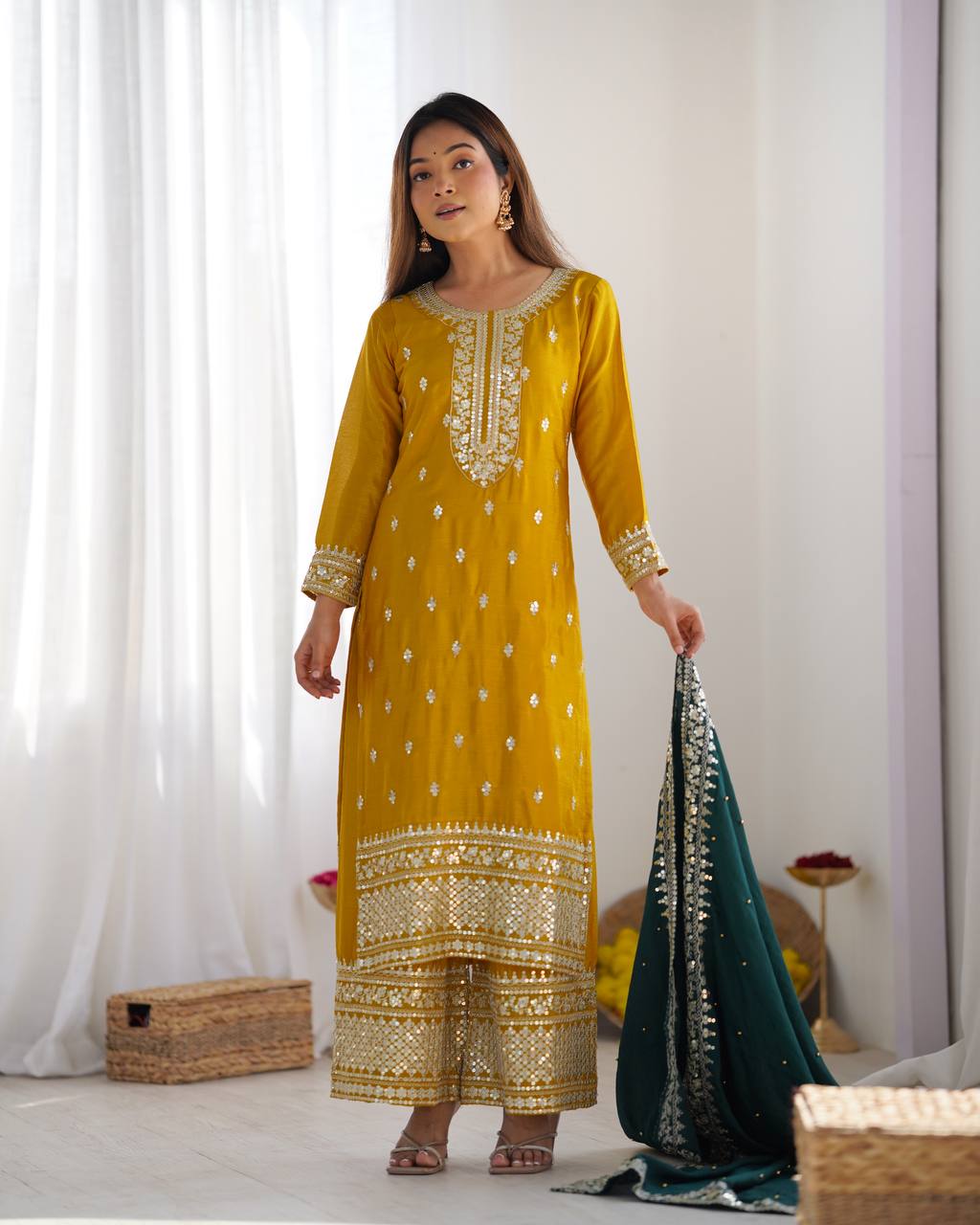 Yellow color chinon silk plazzo suit with dupatta online