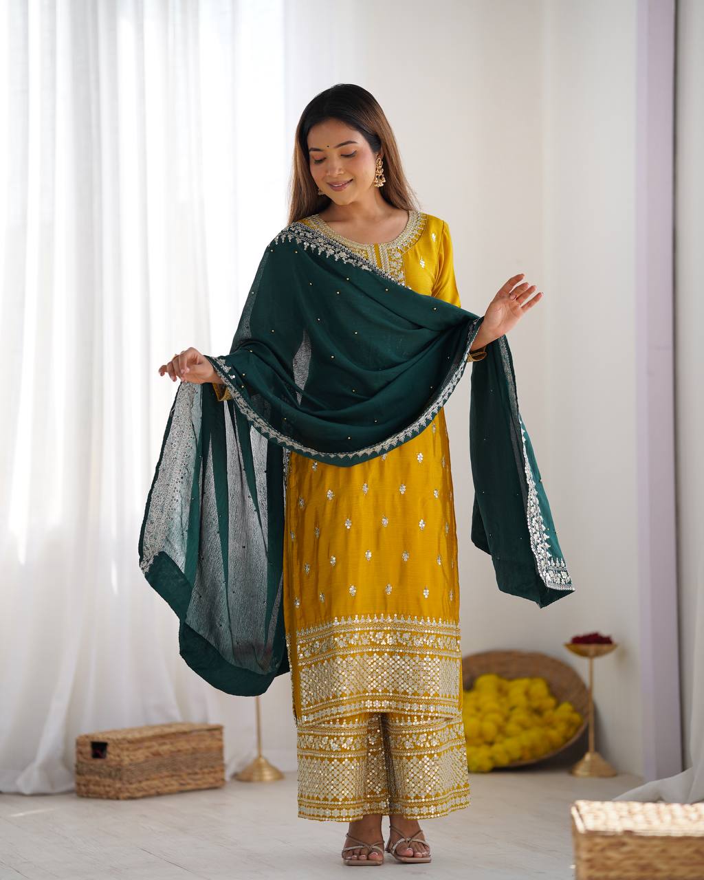 Yellow color chinon silk plazzo suit with dupatta
