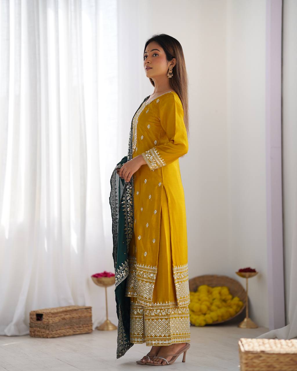 Yellow color chinon silk plazzo suit price