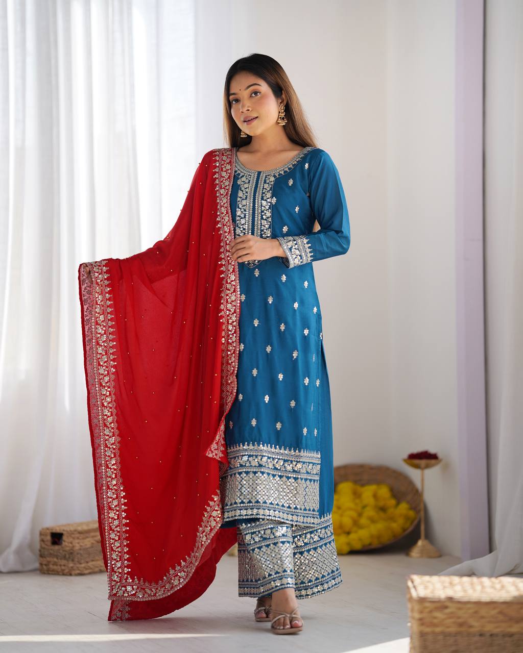 Blue color chinon silk sharara suit with dupatta