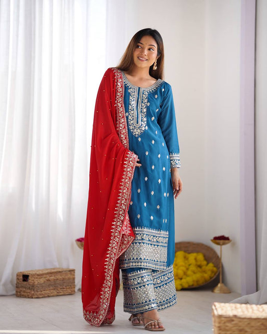 Blue color chinon silk sharara suit for wedding