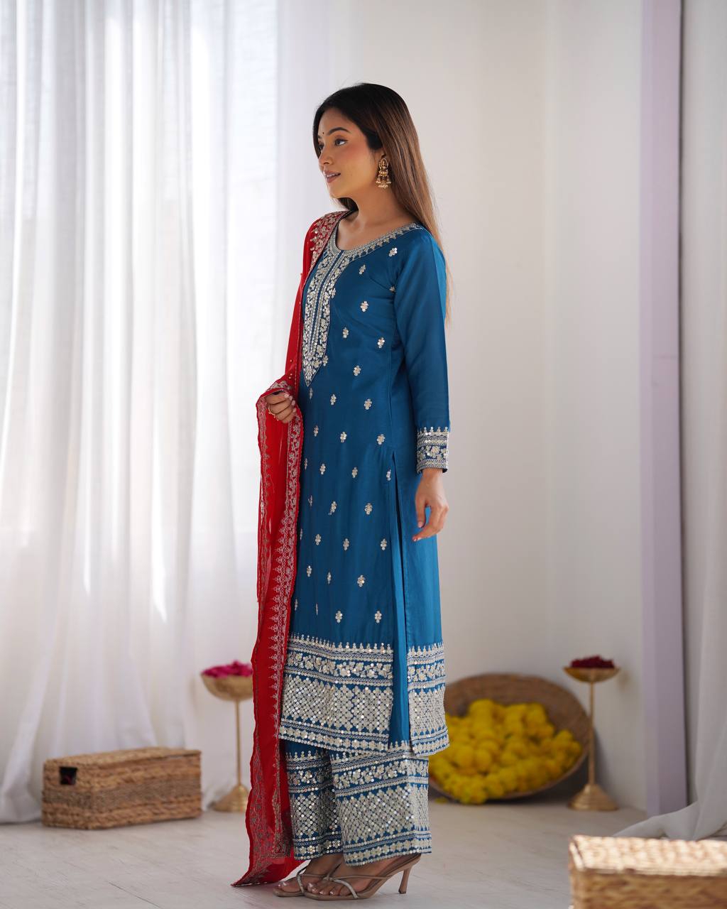 Blue color chinon silk sharara suit with dupatta online