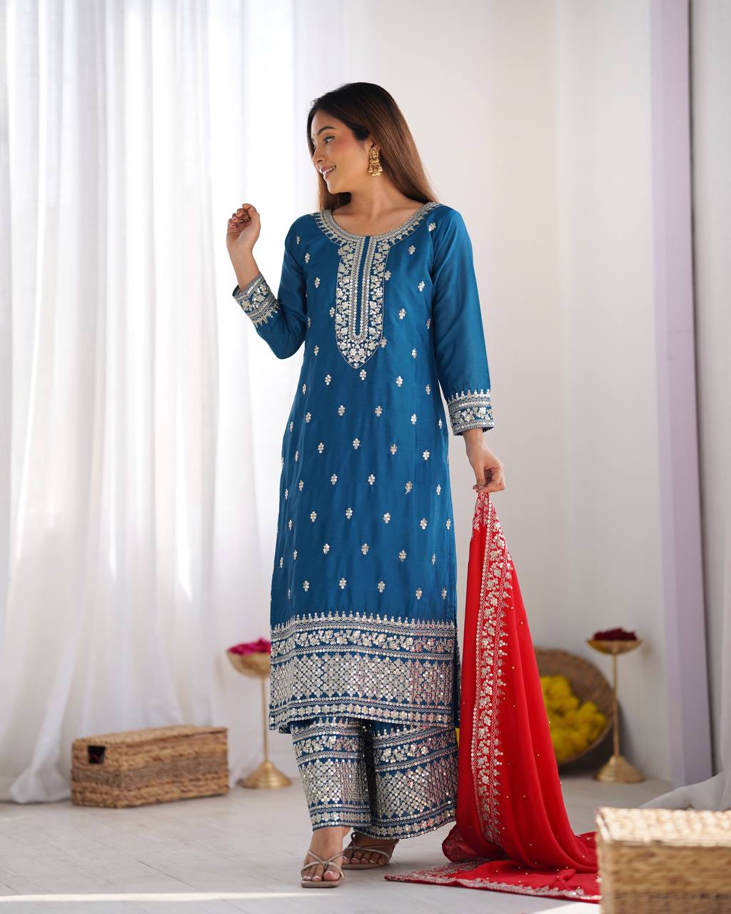 Blue color chinon silk sharara suit with dupatta images