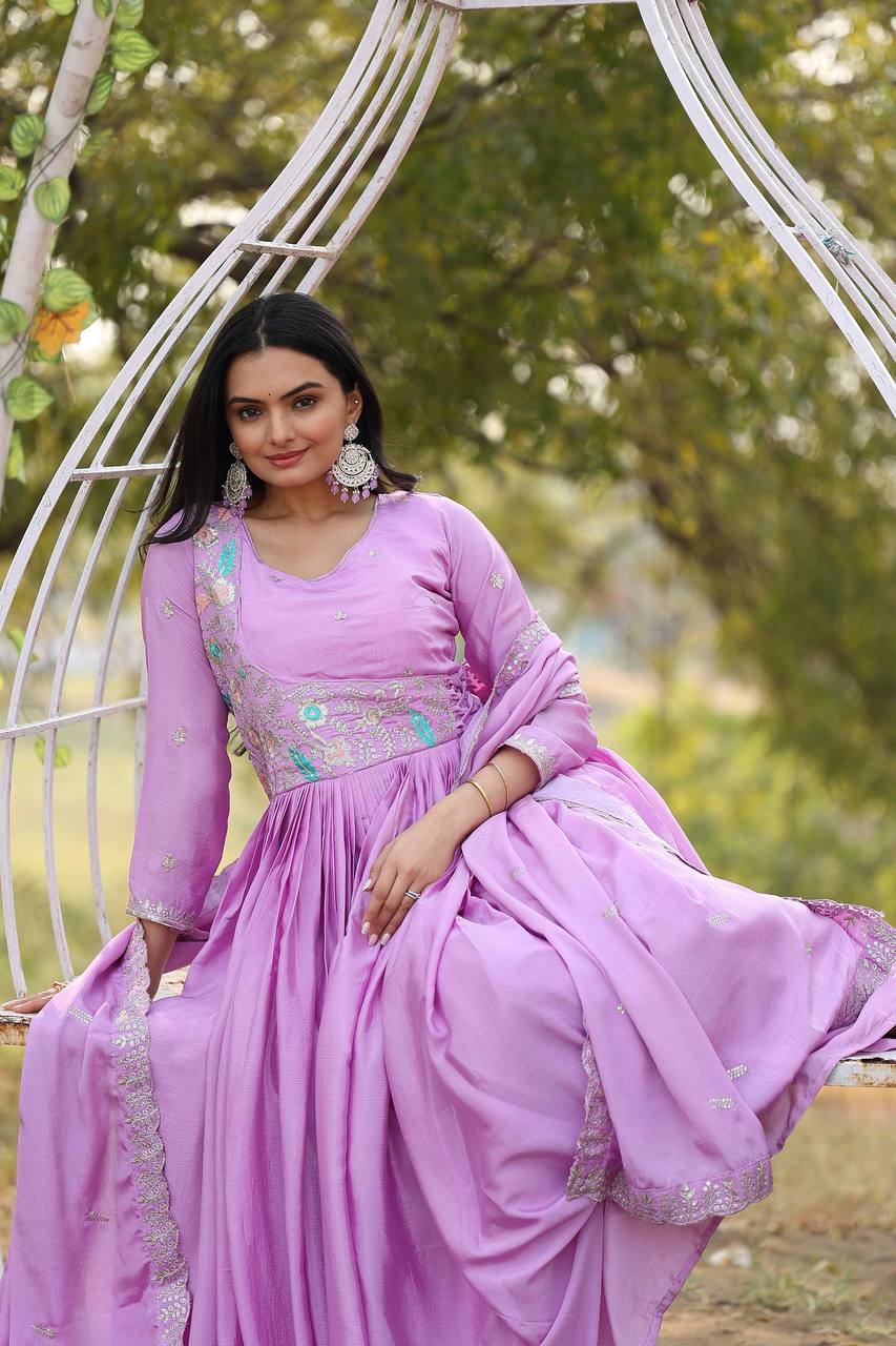 Pink color chinon long gown for wedding