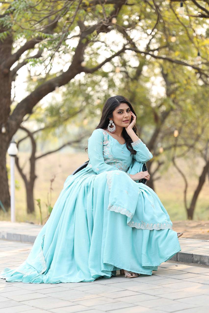 Sky color chinon long gown with dupatta