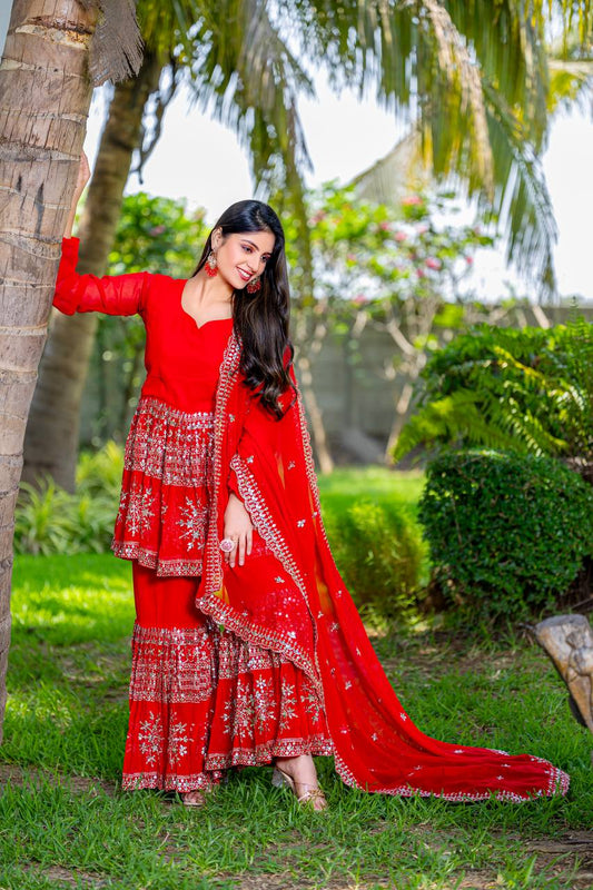 Red color georgette sharara suit for women online