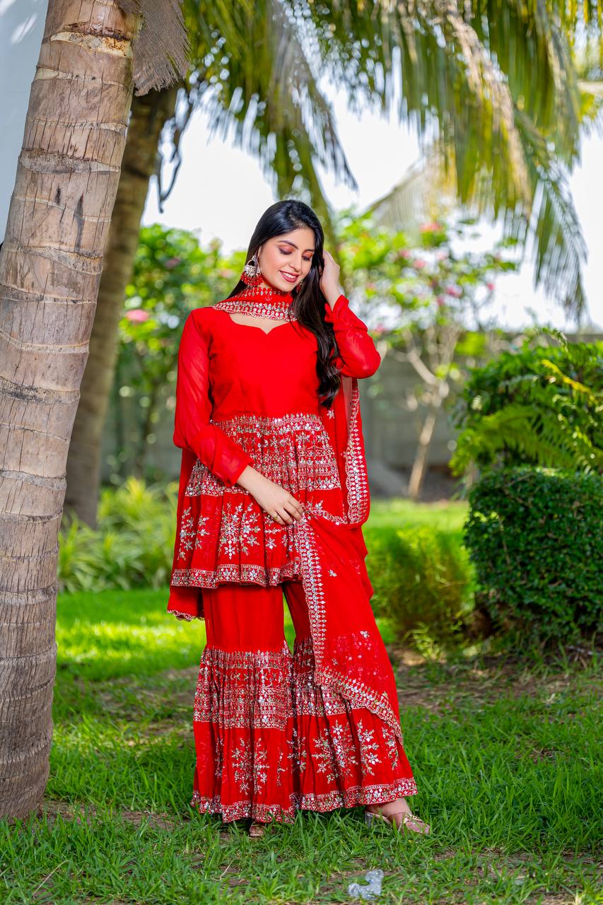 Red color georgette sharara suit for women price