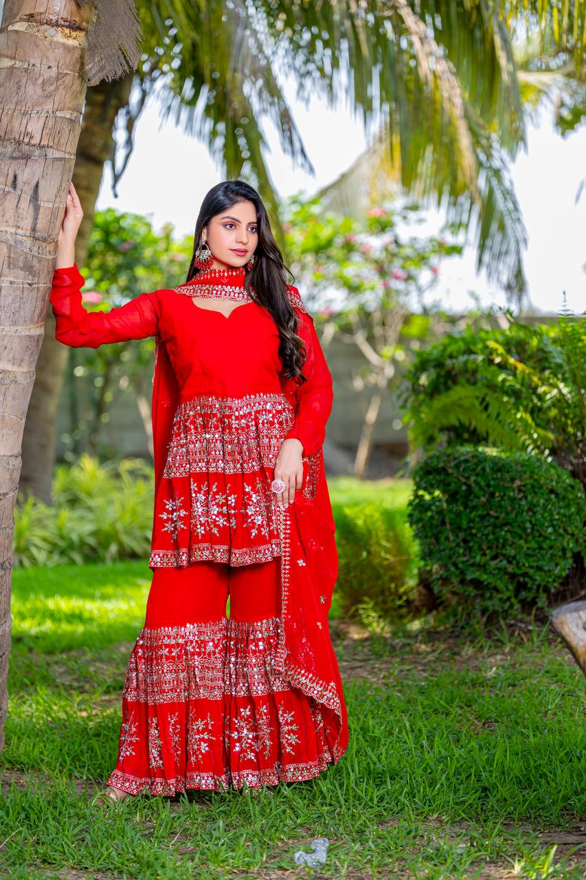 Red color georgette sharara suit for women