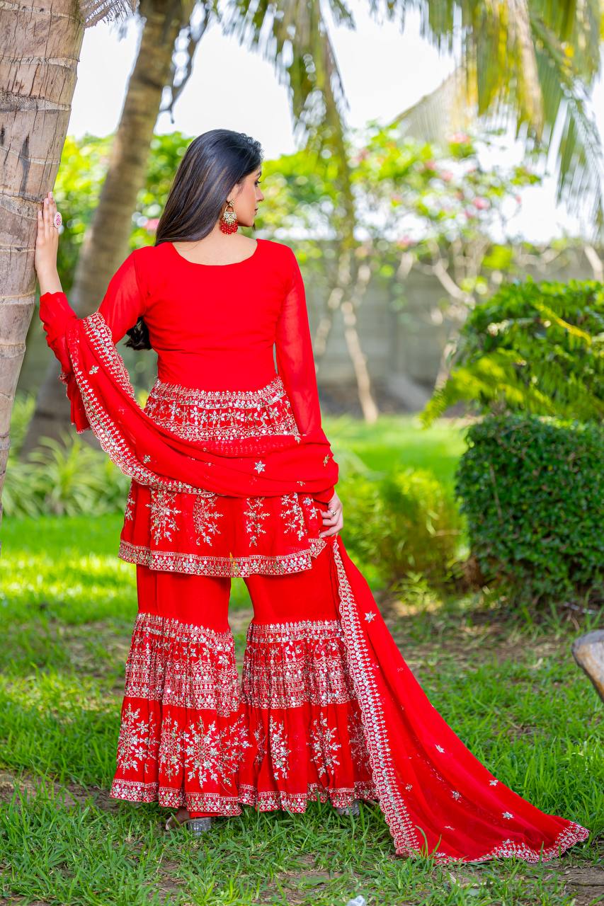 Red color georgette sharara suit with dupatta