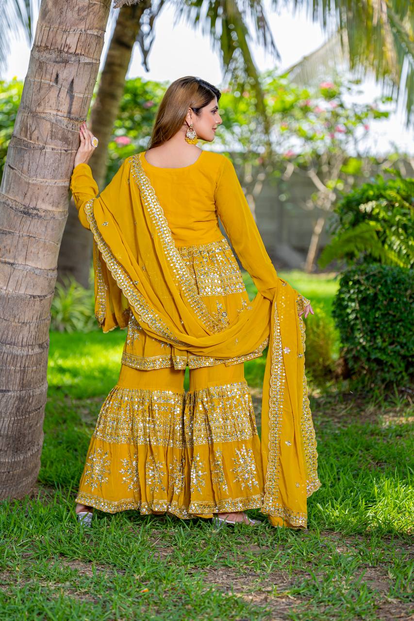 Yellow color georgette sharara suit with dupatta price
