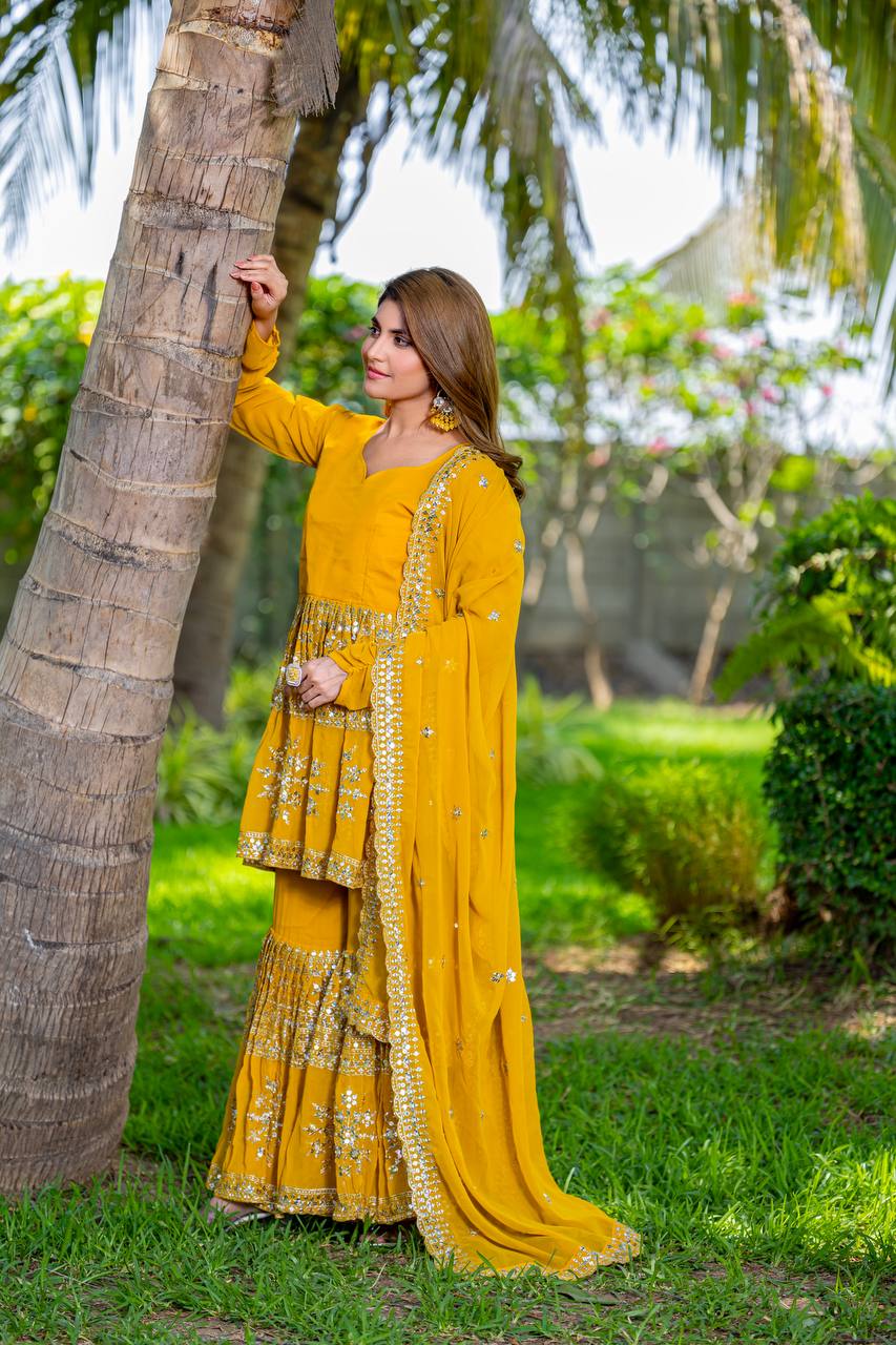 Yellow color georgette sharara suit for wedding