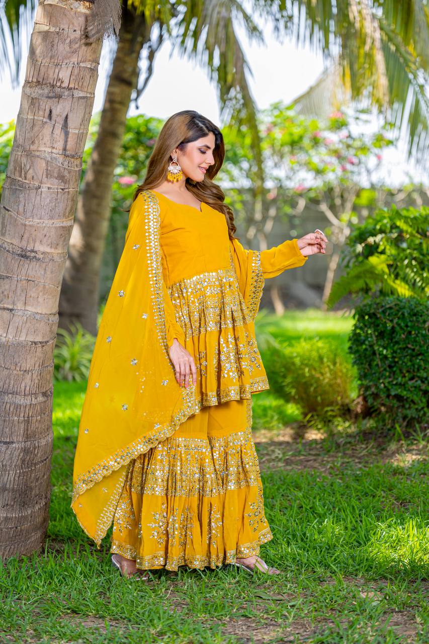 Yellow color georgette sharara suit with dupatta online