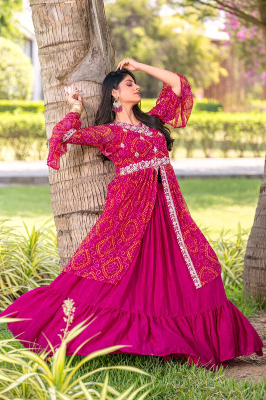 Pink color pure bandhej lehenga with top online