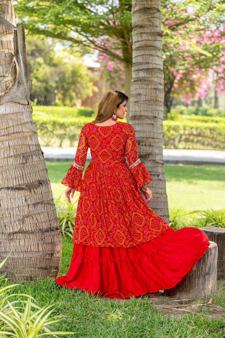 Red color pure bandhej lehenga with top online shopping