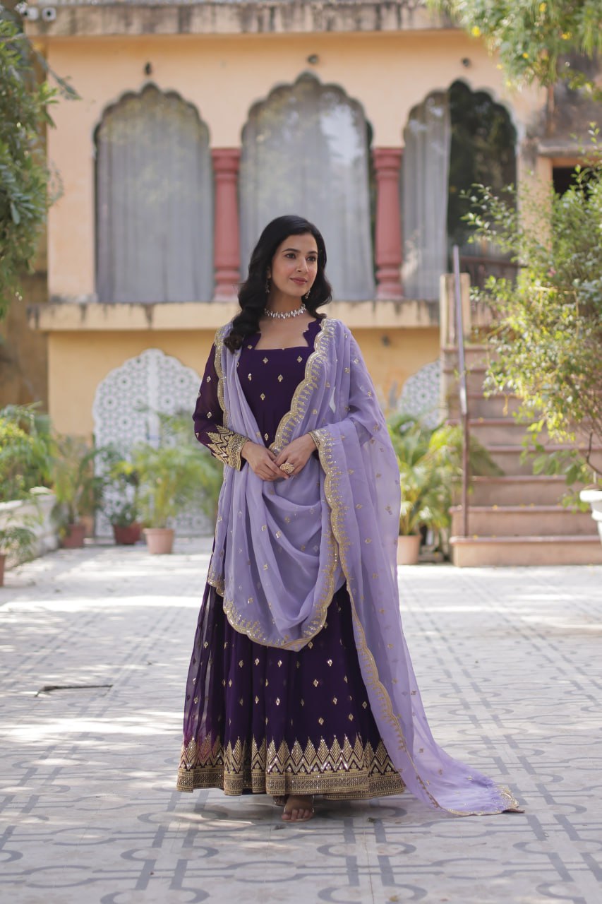 Purple color faux blooming gown for women price